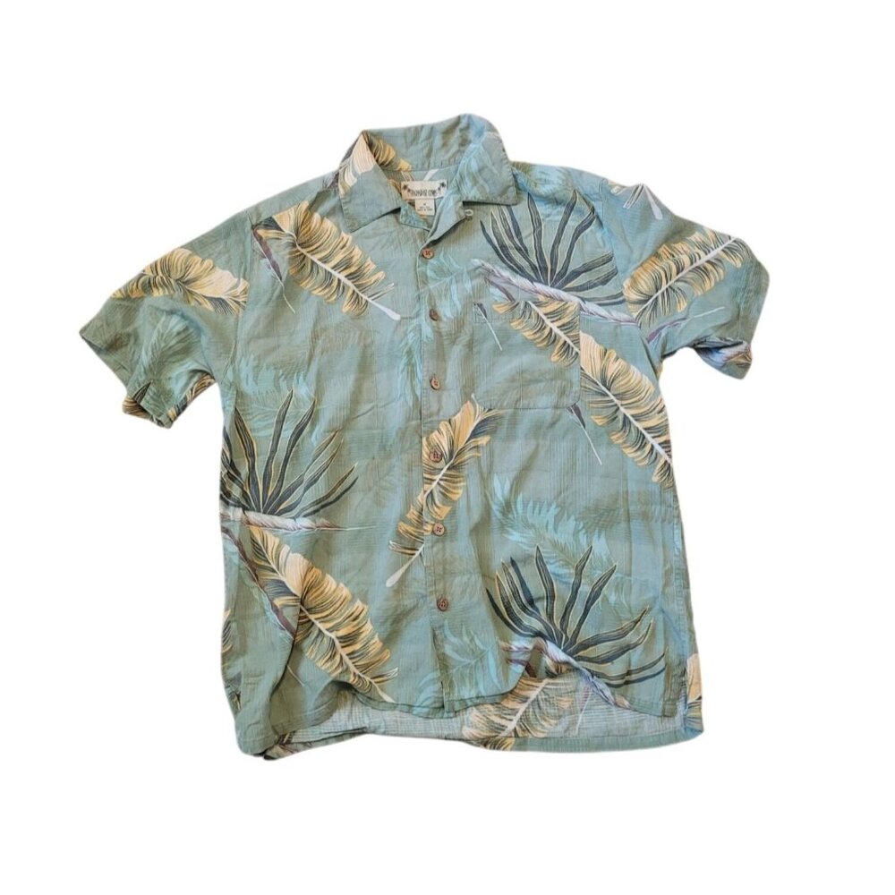 Paradise Cove Men M Silk Tropical Leaf Button Down Shirt Sage Green Short Sleeve